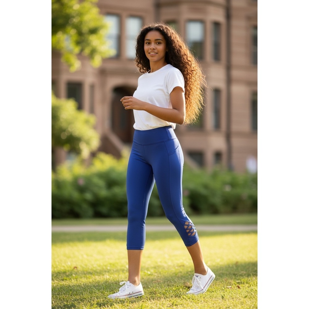 90‎ Degree By Reflex Capri Leggings Blue High Waist Stretch Yoga Gym activewear